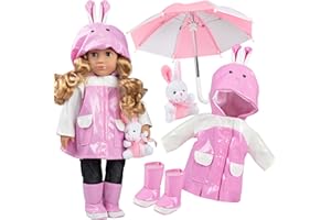 DRESS ALONG DOLLY 4pc Pink Easter Bunny Raincoat Doll Outfit w Rabbit Plush- 18" Doll Clothes & Accessories Compatible w American Girl Dolls- Set Includes Raincoat, Umbrella, Boots & Pet Bunny- Easter Gifts for Girls