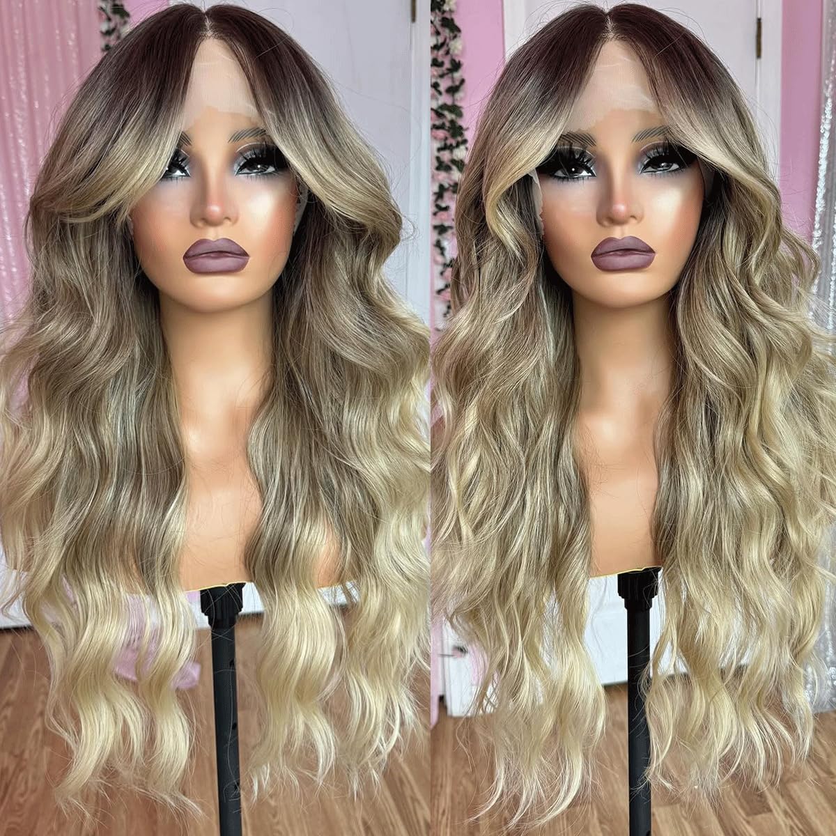 Photo 1 of YUPEWG Synthetic Lace Front Wigs for Black Women 13x4x1 Ombre Blonde Wigs Ready to Wear HD Glueless Natural Wavy Wig Long Middle Part Daily Party Wear