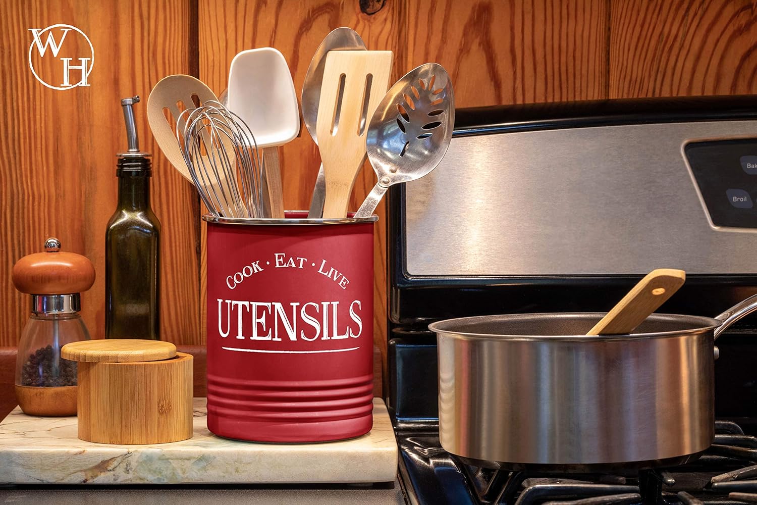 Walford Home Original Kitchen Utensil Holder Crock, Red With Premium Padded Base - Vintage Farmhouse Home Kitchen Decor - Large Kitchen Tool Utensil Storage Caddy Organizer: Kitchen & Dining