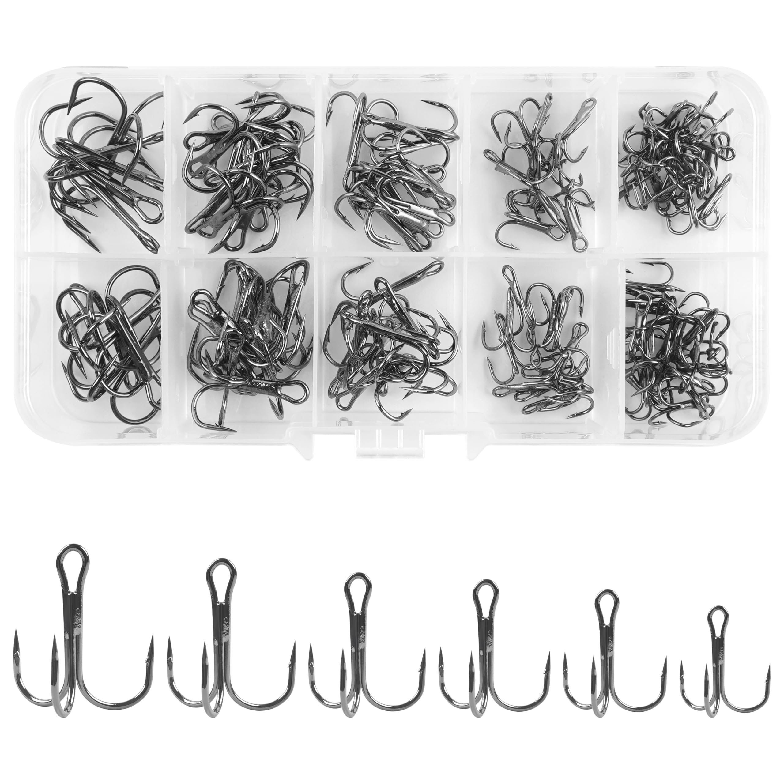 Fishing Treble Hooks Kit 110pcs/box High Carbon Steel Round Bend Fishing Hook Set Sharp Barbed Triplet Hooks for Lures Baits Saltwater Fishing Size 4 6 8 10 12 14