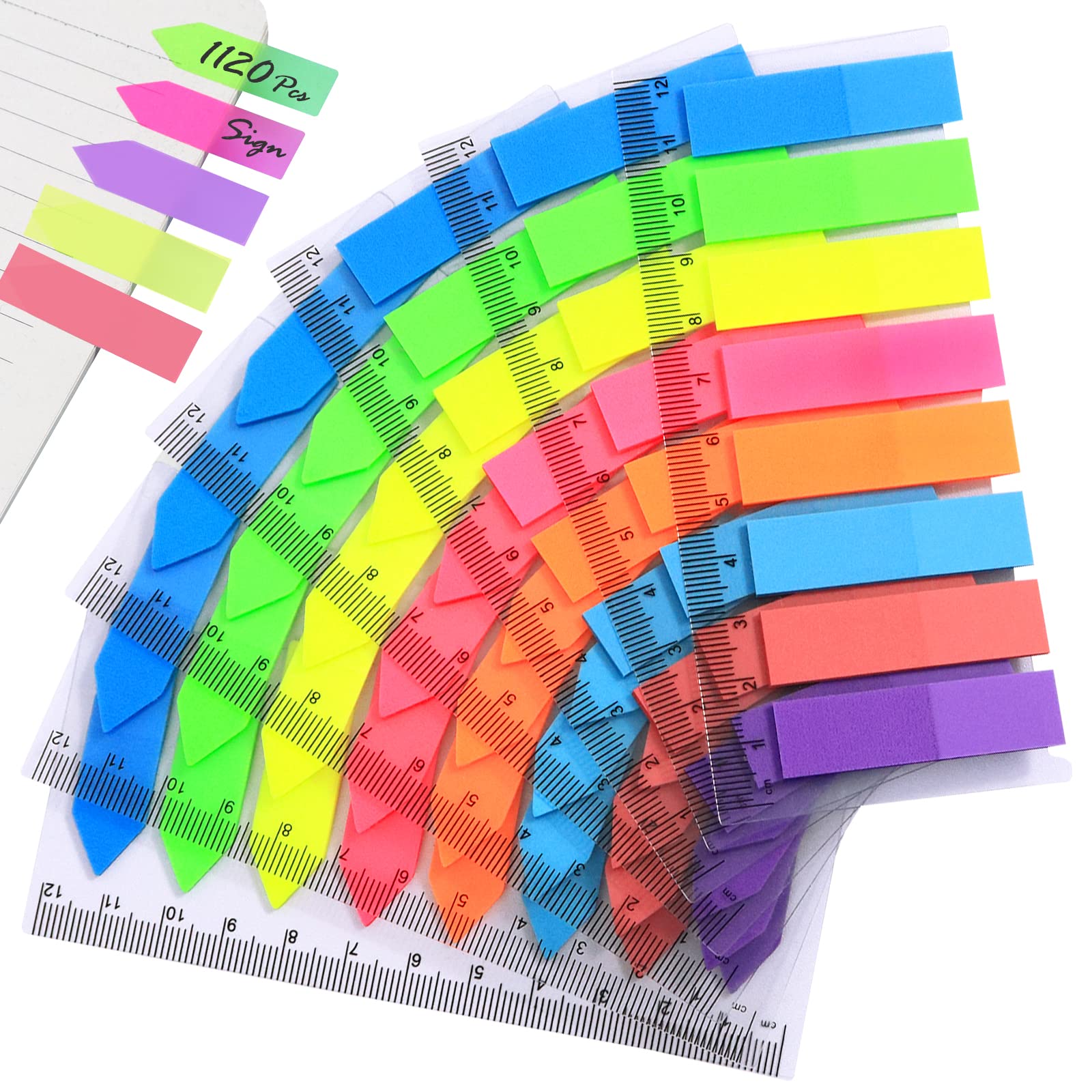Hanyousheng 1120 PCS Page Markers, Sticky Tabs, Book Tabs, Rectangle and Arrow Sticky Notes Flags Used as Reading Label Bookmarks with 12 cm Measurement Ruler