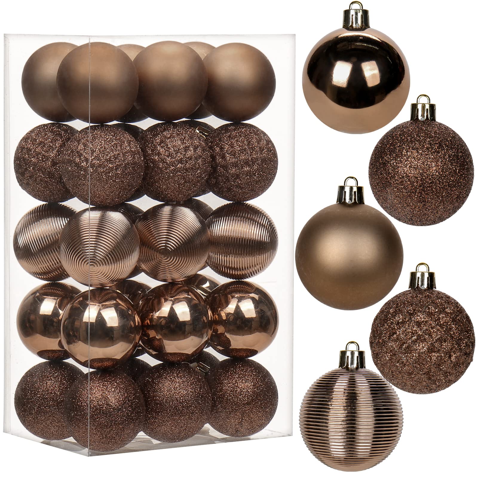 30 pcs Christmas Baubles Xmas Ball Ornaments with Strings, 50mm/2.0" Brown Shatterproof Plastic Hanging Decorations, Christmas Tree Pendants for Home Party Wedding Holiday