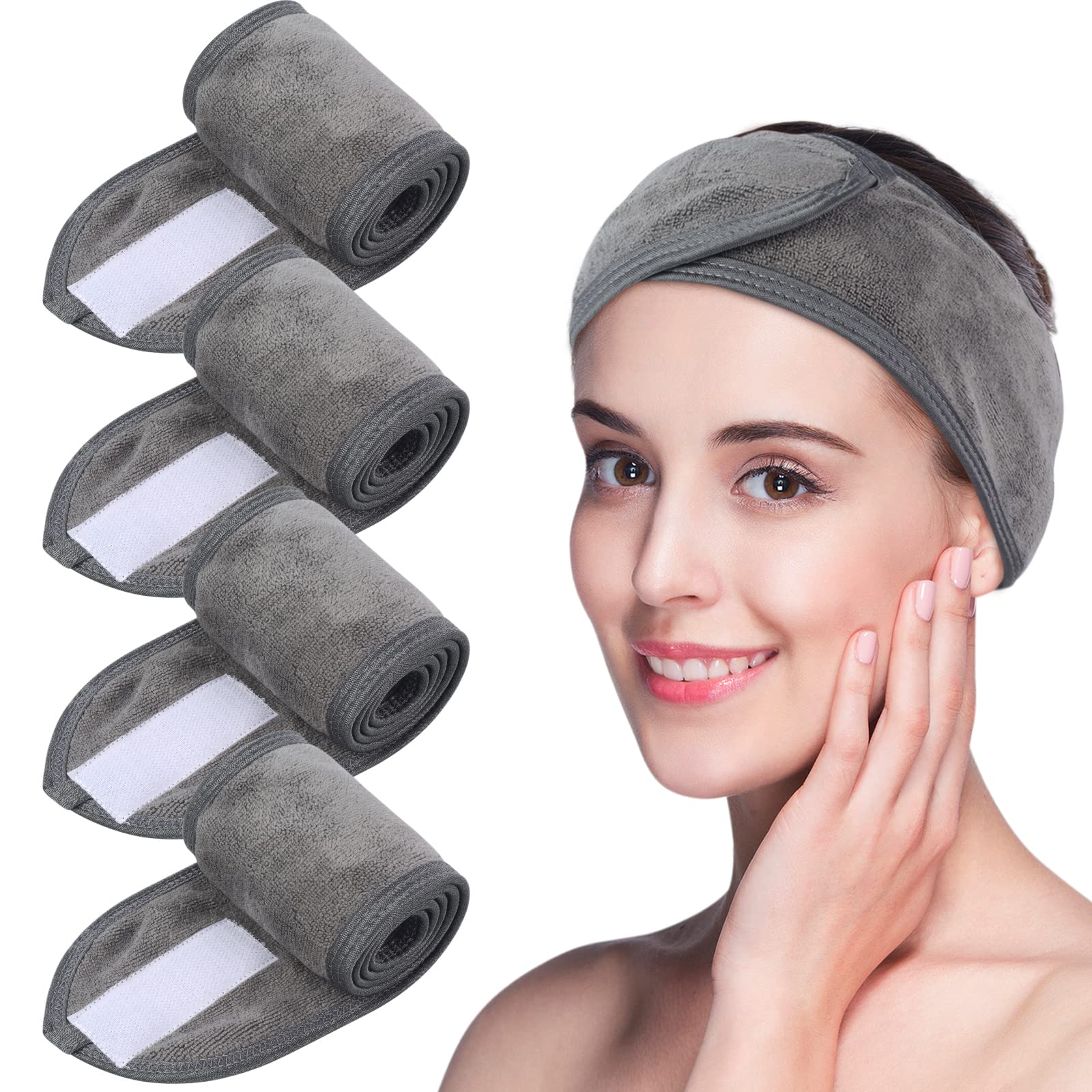 VIVOTE Microfibre Makeup Headband Pack of 4 Adjustable Soft Terry Cloth Spa Headband Facial Headband with Magic Tape Grey