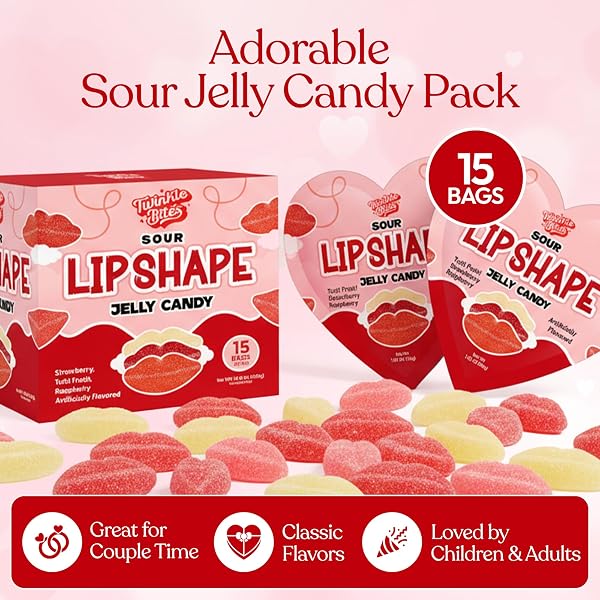 75 PCS – 15 PACKS OF 5 VALENTINE’S DAY SOUR PUCKER GUMMY – HEART SHAPED PACKS WITH 5 LIP CANDY IN EACH BAG, STRAWBERRY, RASPBERRY & TUTTI FRUTTI FLAVORS, VALENTINE CANDY GIFT BOX