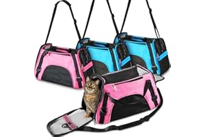 Sweetude 4 Pcs Cat Carrier Soft-Sided Pet Carrying Bag for Cat Under 13 Lbs, 16.9 x 11x 7.5 Inch, Portable Foldable Comfortable Bag for Small Pet Travel(Rose Red, Blue)