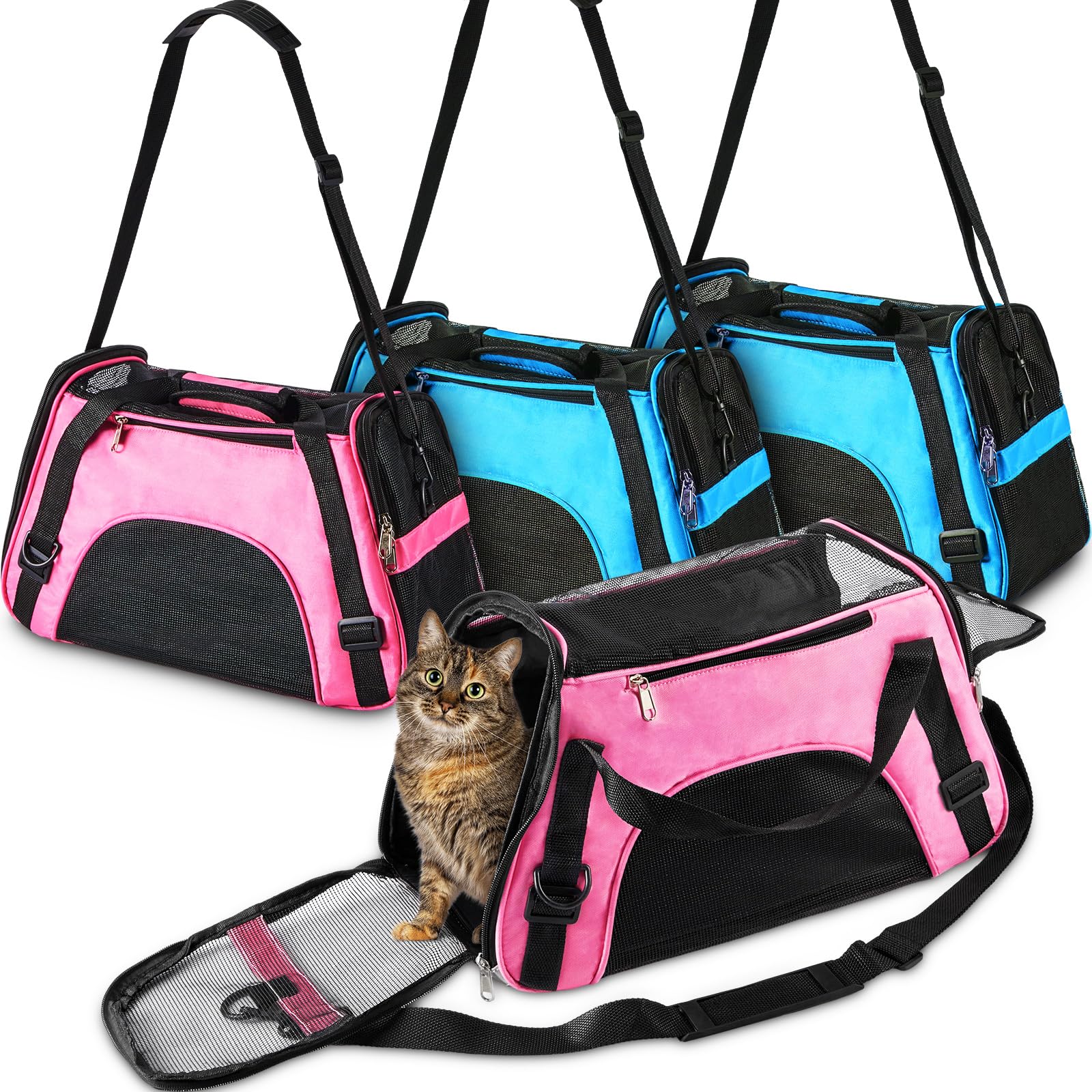 Photo 1 of Sweetude 4 Pcs Cat Carrier Soft-Sided Pet Carrying Bag for Cat Under 13 Lbs, 16.9 x 11x 7.5 Inch, Portable Foldable Comfortable Bag for Small Pet Travel(Rose Red, Blue)
