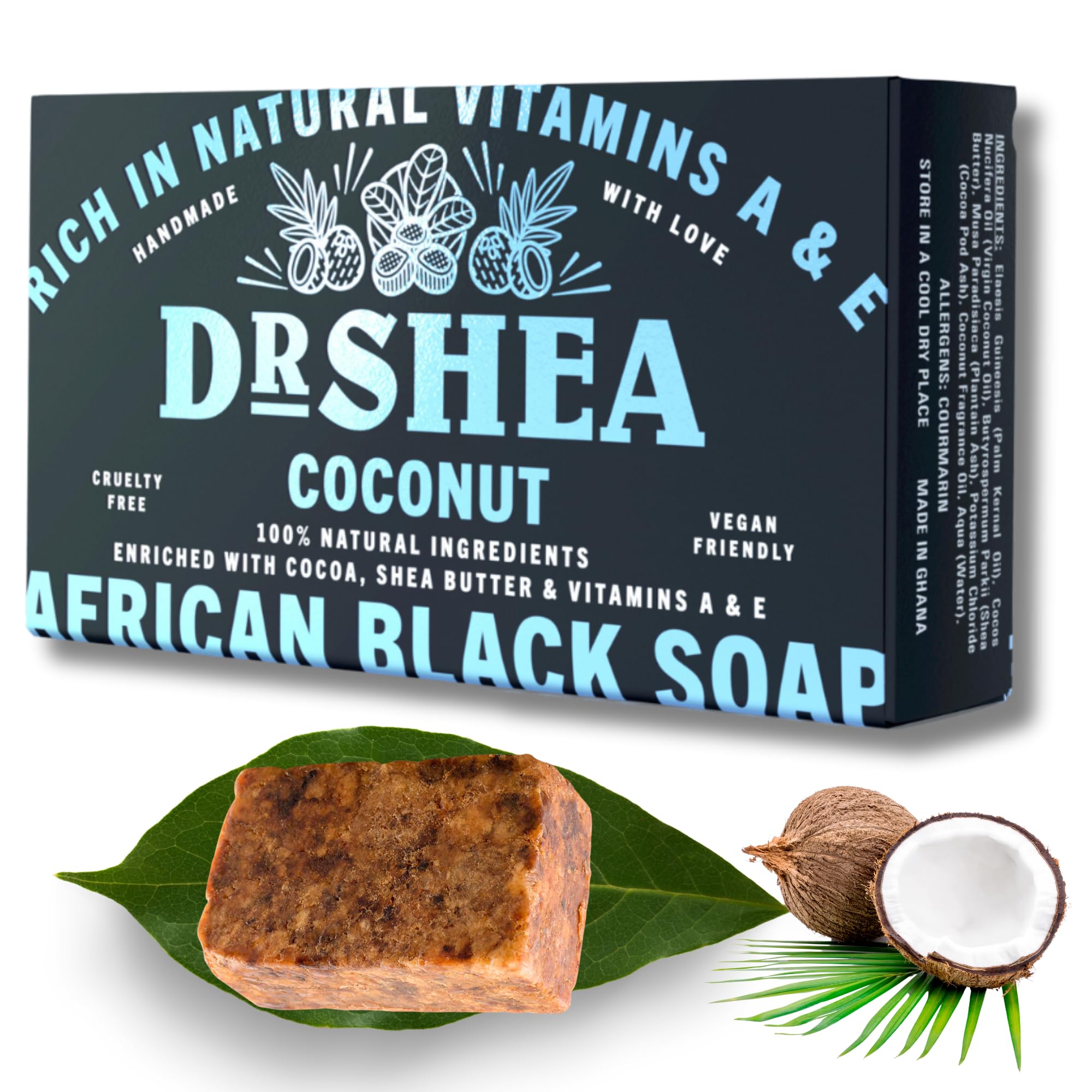 Coconut African Black Soap 100g - Vegan Organic & Natural - Antibacterial - Body - Face & Hand Wash - Authentic Raw from Ghana.