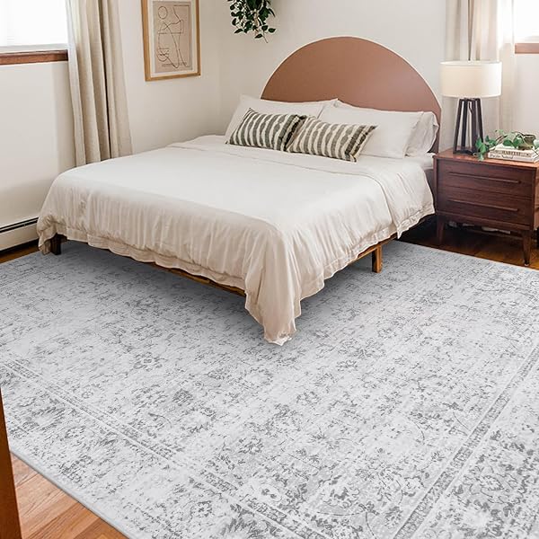 LIVEBOX TRADITIONAL RUG 9X12 – LARGE GRAY VINTAGE RUG FOR LIVING ROOM, WASHABLE SOFT FLORAL CARPET ANTI-SKID THIN NEUTRAL RUGS FOR OFFICE BEDROOM DINING ROOM, SILVERYGRAY
