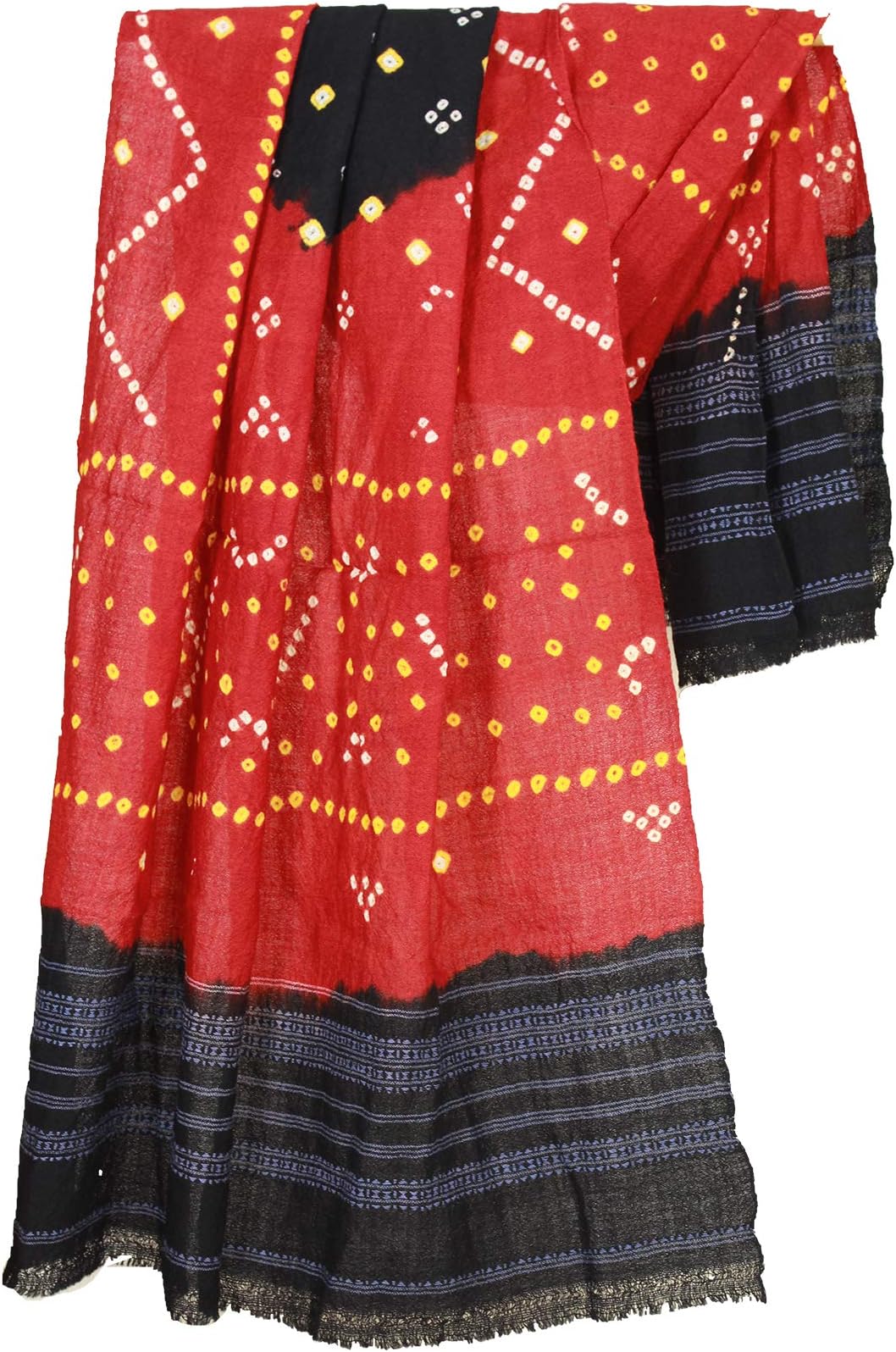 Weaves of Tradition Unisex Free Size Red and Black Pure Wool Bhujodi Handloom Shawl with Tie and Dye Bandhani Work