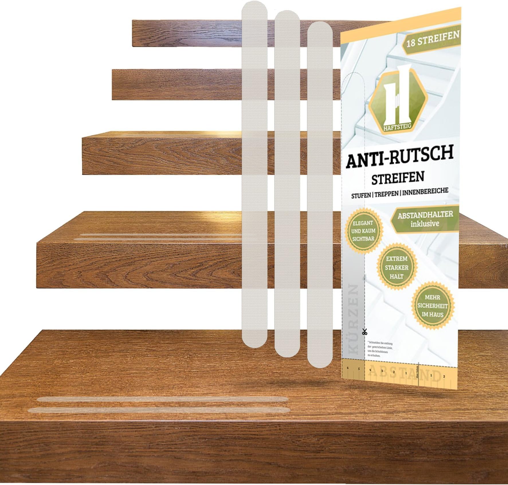 Anti-slip strip stairs inside + spacers | Alternative step mat | Anti-slip stickers as self-adhesive anti-slip device for stairs | Transparent stair step mat as a cheap stair carpet., transparent