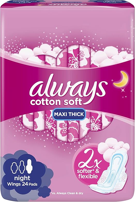 Always Cotton Soft Maxi Thick, Night sanitary pads with wings, 8 count
