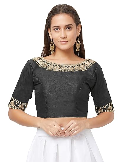 Women's Blouse Neck Sleeve Work Boat Neck Saree Top (Black,)