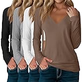 Sweetyweee 4 Pack Women's Long Sleeve Nursing Shirts with Hidden Zipper V Neck Breastfeeding Clothes Maternity Loose Fit Tops