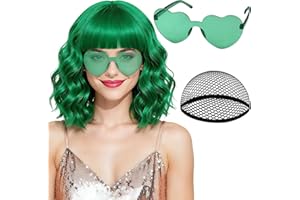 PLULON Green Wavy Bob Wigs with Bangs Heart Sunglasses Hair Cap for Women, Colored Synthetic Hair Short Bob Loose Curly Shoulder Length Wigs for Costume Bachelorette Party Music Festival