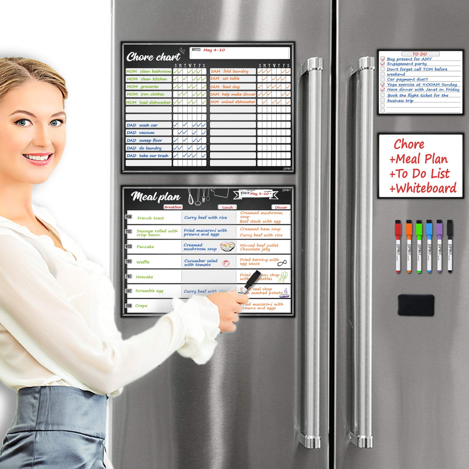JJPROMagnetic Dry Erase Chore Chart and Menu Board Set for Fridge-Meal Planner Whiteboard-Chore Board& Weekly Refrigerator Organizer