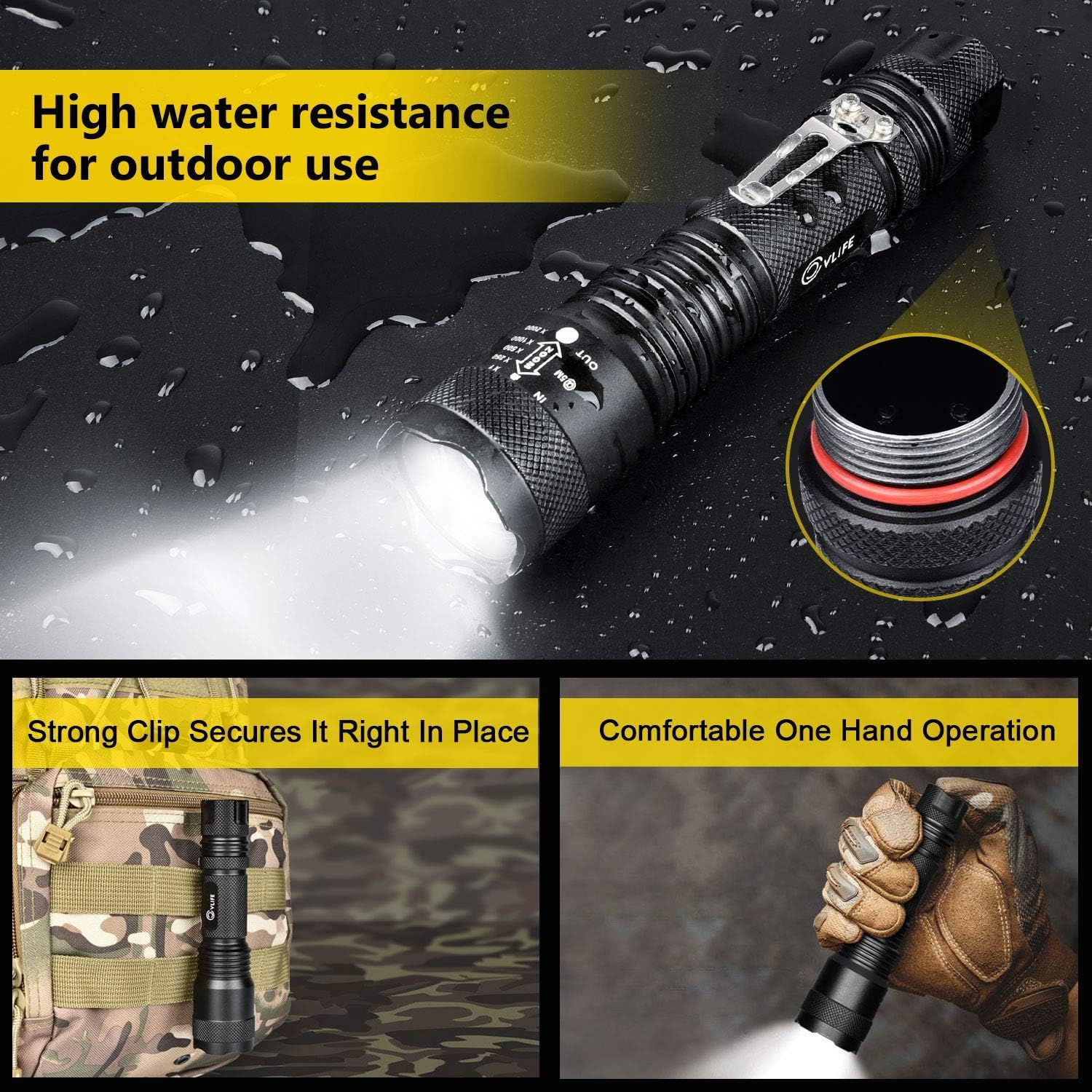 CVLIFE Tactical Flashlight LED Light 5 Modes Zoomable Water Resistant Handheld Mini Torch with Belt Clip, Best Camping Outdoor Emergency Flashlights, Rechargeable 18650 Battery Included: Home Improvement