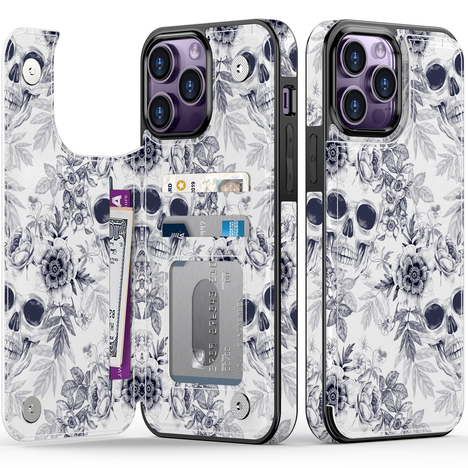 Photo 1 of FUNMIKO for iPhone 15 Pro Wallet Case with Card Holder, RFID-Blocking, Military-Grade Drop Protection & Floral Animal Design, Magnetic Closure with Leather Kickstand - Floral Skull