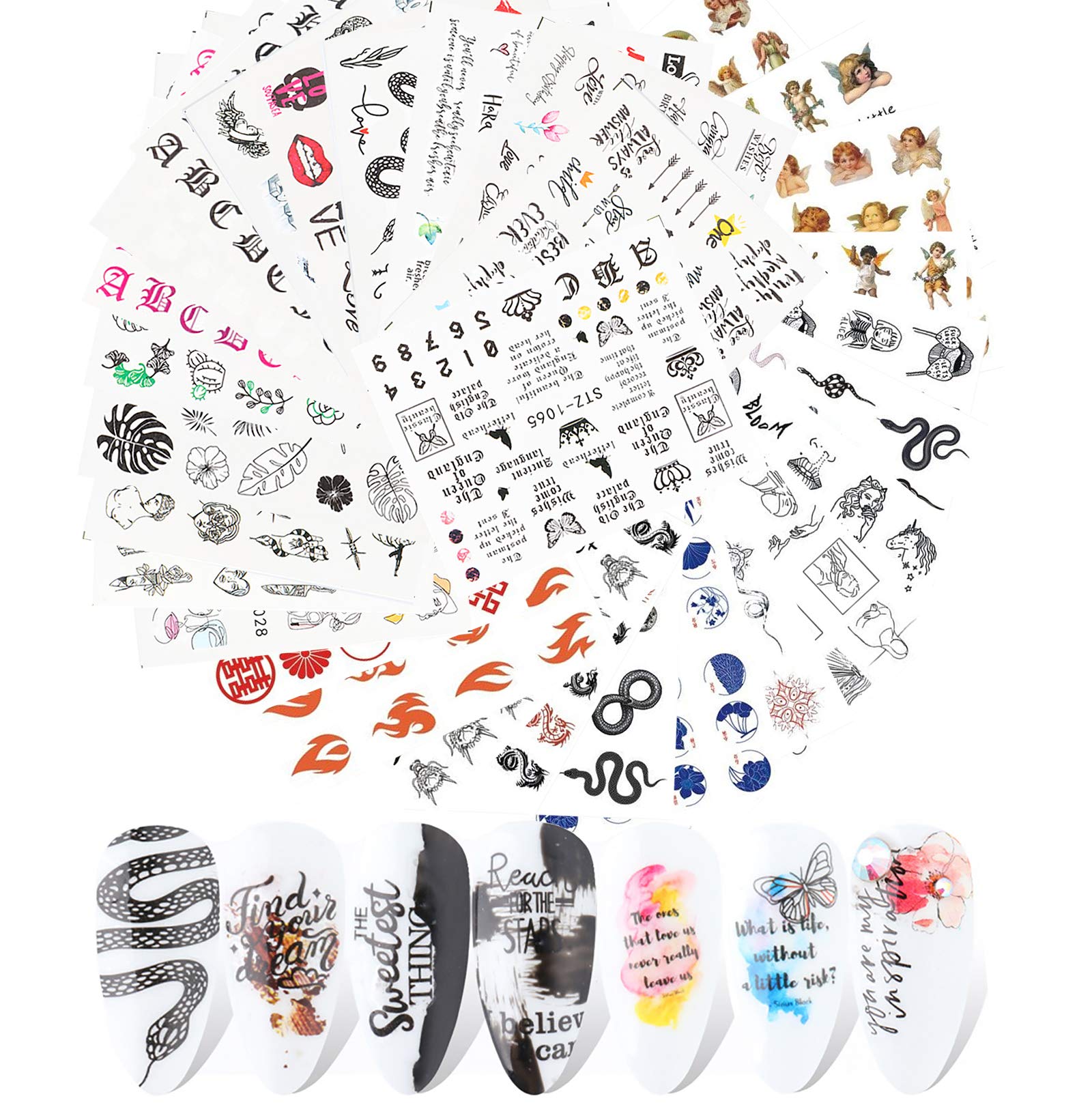 36 Sheets Dragon Snake Angel Nail Art Stickers Decals,Flame Cupid Eros Word Letter Abstract Lady Face Leaf Flower Nail Designs for Women Girls,DIY Water Transfer Acrylic Nail Supplies Nail Decoration