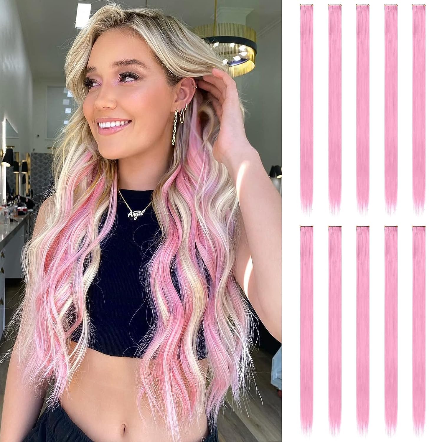 FESHFEN Coloured Clip in Hair Extensions, Pink 10 PCS Highlight Colourful Straight Synthetic Clip in Hairpiecess for Women Daily Party Halloween, 22 inch โ image 1