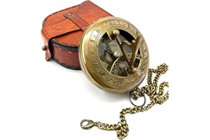 ANTIQUANA Brass Compass Unique Sundial Engraved Compass With Leather Case Antique Brass Compass With Chain A Great Gift Item For Your Loved Ones Hikers And Traveler By