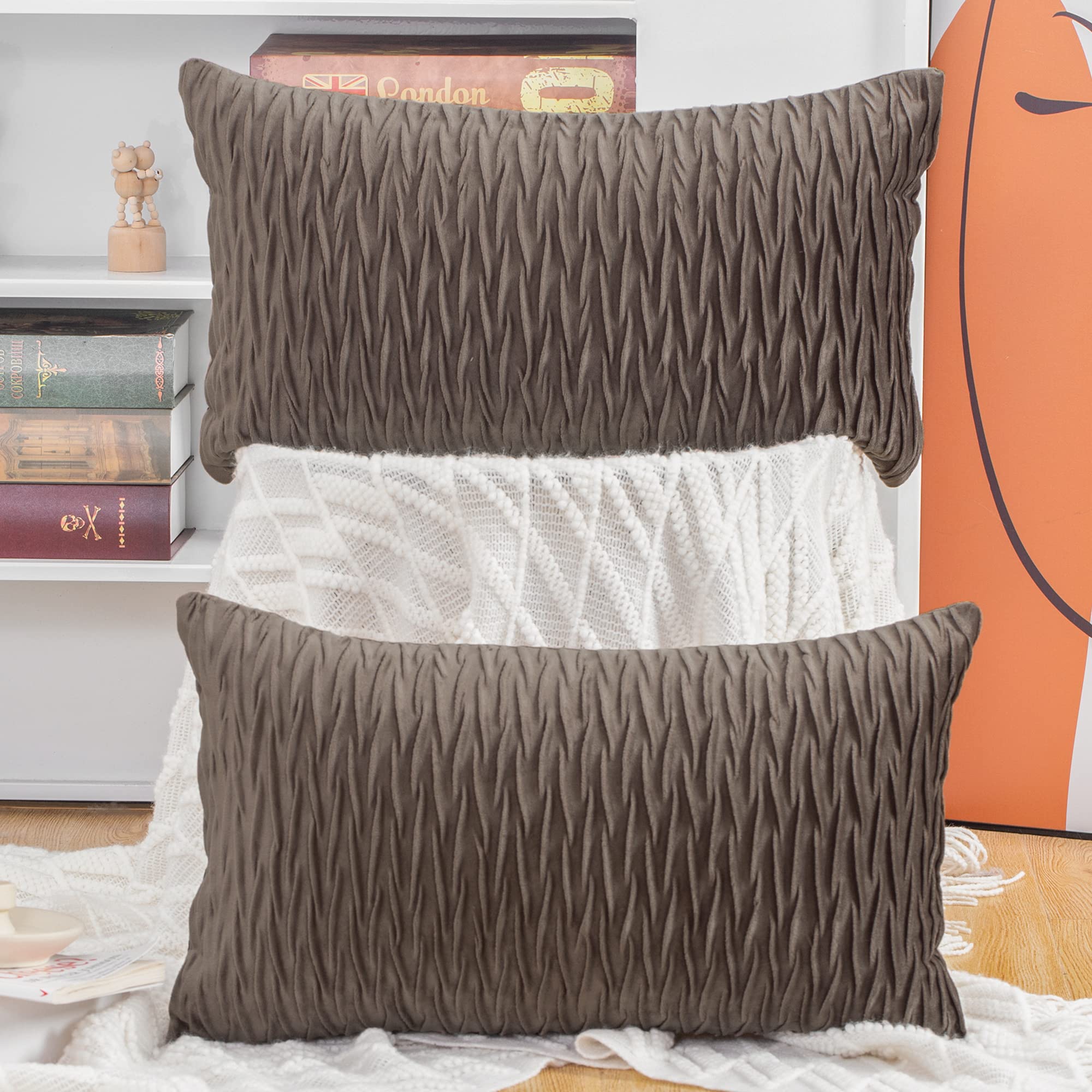 Madizz Pack of 2 Super Soft Velvet Decorative Cushion Covers with Texture Luxury Style Throw Pillow Cases Pillow Shell for Sofa Bedroom Brown 12x20 inch Rectangular — image 1