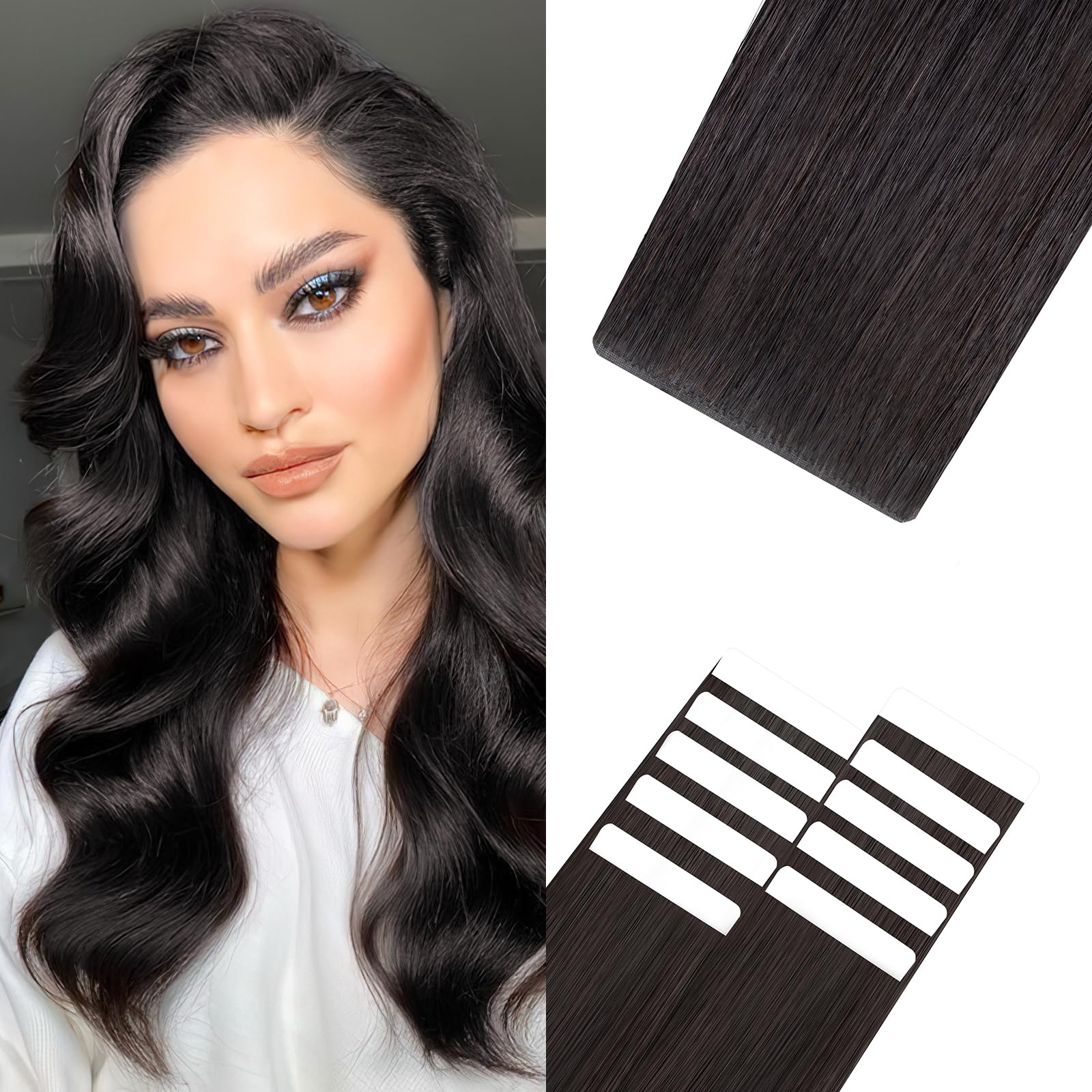 SEGOHAIR Tape in Hair Extensions Human Hair Virgin Hair Pieces Injected Remy Tape Hair Extensions, Invisible Seamless for Women 18" 12.5g 5pcs Natural Black — image 1