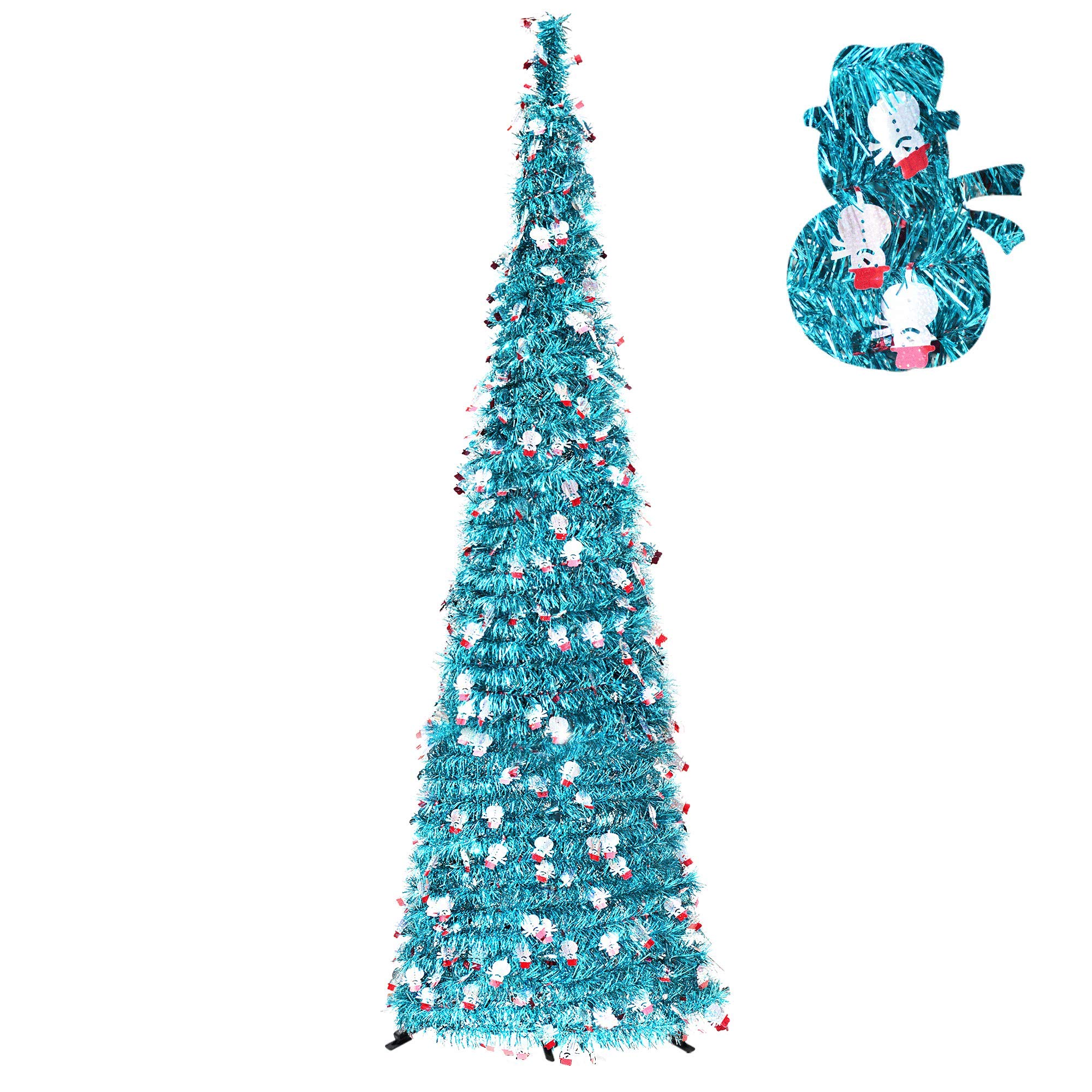6FT Christmas Blue Tinsel Pop Up Trees EasyAssembly Reusable, Collapsible Artificial Pencil
