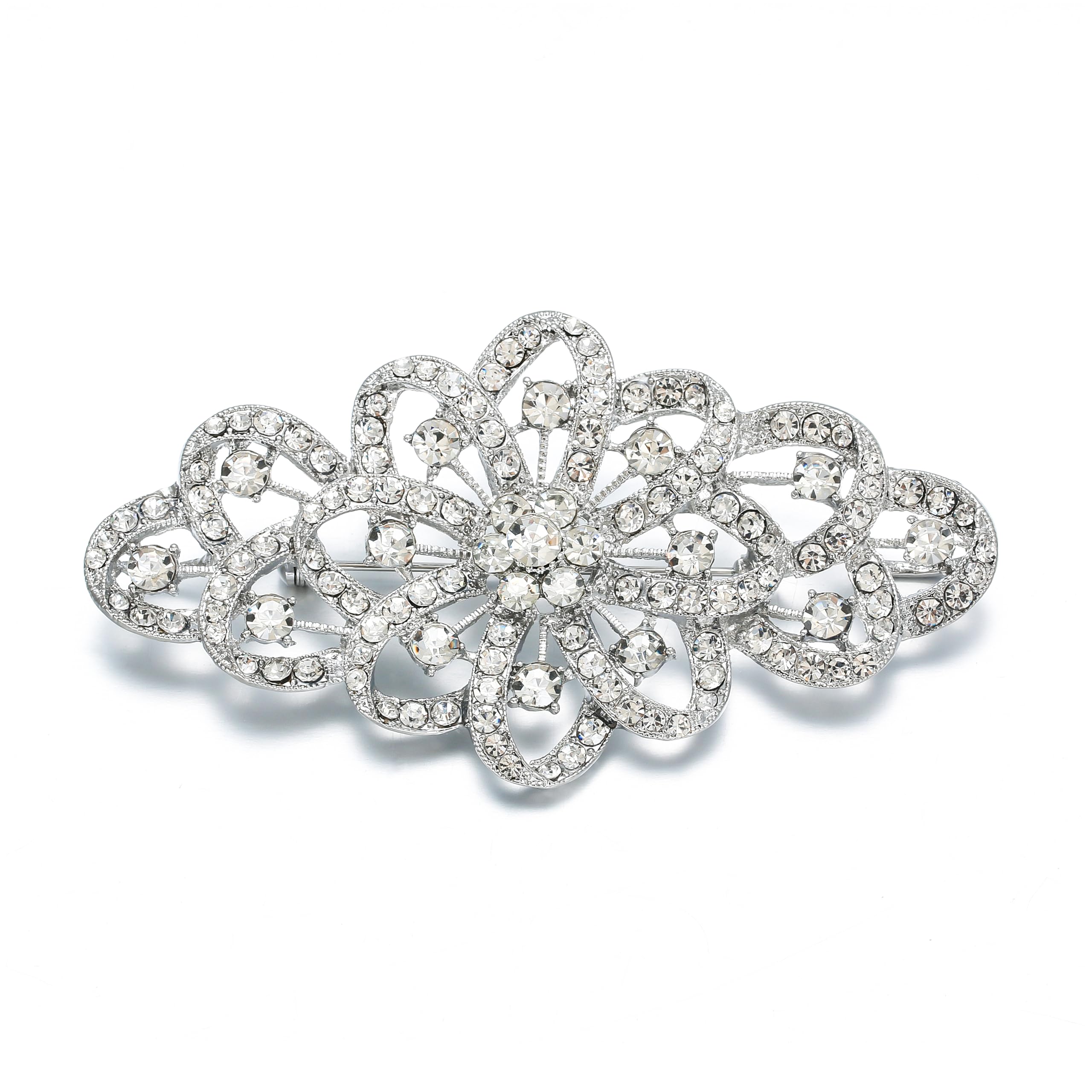 EVER FAITH Austrian Crystal Big 3.7 Inch Flower Ribbon Bridal Brooch Wedding Prom Accessories for Women Clear Silver-Tone