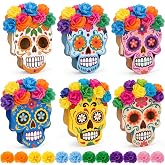 Novabright 6 Pcs Day of The Dead Skull Decorations with 72 Pcs Marigolds | Dia De Los Muertos Ofrenda Altar, Sugar Skull Wood Boxes Decor, Skeleton Vase for Table Centerpieces, Halloween Mexican Party