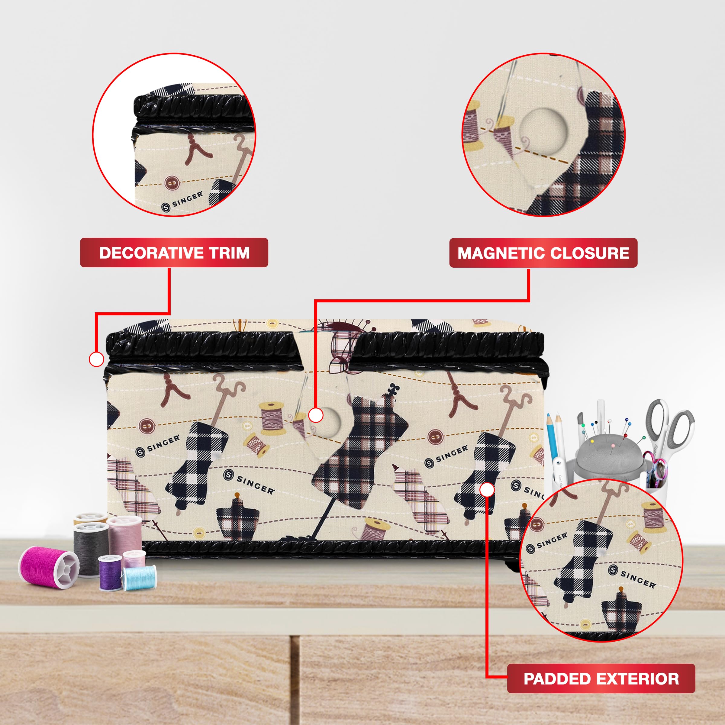 SINGER Sewing Basket with Sewing Kit, Needles, Thread, Scissors, and Notions (Plaid Forms Print)