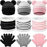 9 Pcs Kids Hat Scarf Gloves Set Winter Knit Beanie Neck Warmer Mittens Striped Cap Fluffy Scarf Gloves for Kids Aged 3-10 (Black Gray, Gray White, Pink White)