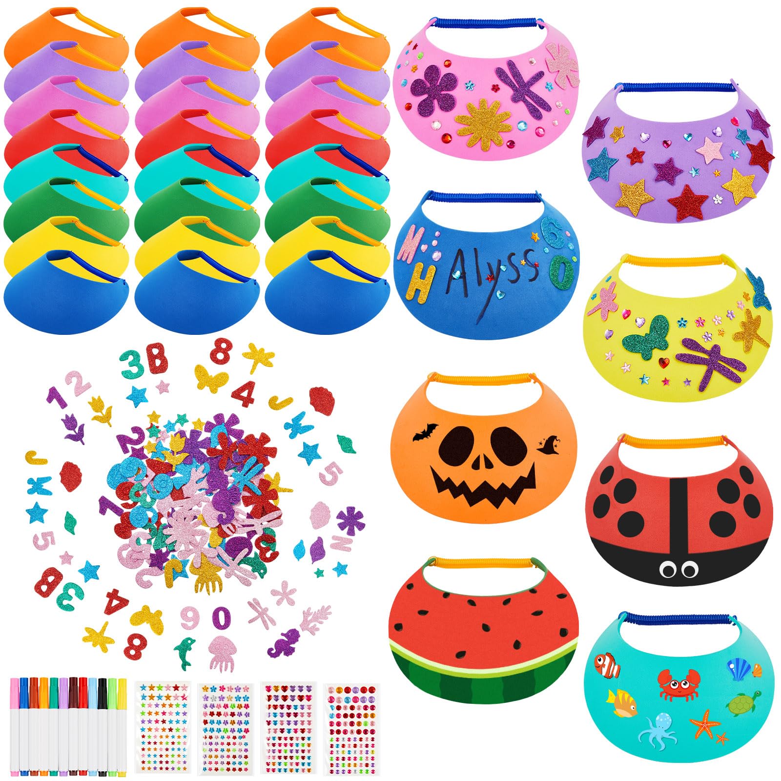 Photo 1 of Outus 35 Foam Visors for Kids Include Assorted Color Sun Visor Foam Hats DIY Crafts Sports Supplies, Stickers and Markers (Bright Color)