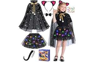 Teuevayl Black Cat Costume and Cape for Girls, 7 Pcs LED Light Up Kids Cat Halloween Costume for Girl Ages 3 4 5 6 7 8
