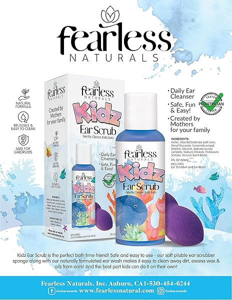 WALLY’S NATURAL KIDS EAR SCRUB EARWAX REMOVAL CLEANSER WASH, CLEANS AWAY WAX, DIRT & OILS, INCLUDES REUSABLE SCRUBBER SPONGE, PEDIATRICIAN-CONSULTED, SAFE FOR KIDS 3+, INFUSED WITH ALOE VERA, 2 FL OZ