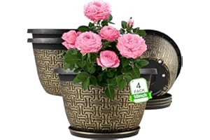 10 Inch Plant Pots Indoor, 4 Pack Outdoor Pots for Plants with Drainage Holes & Trays, Retro Antique Imitation Decorative Gar