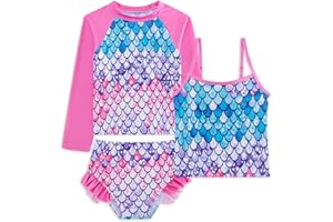 swimsobo Girls 3-Piece Swimsuit Long Sleeve Rash Guard Tankini Sets UPF Sun Proction Bathing Suit 3-10T