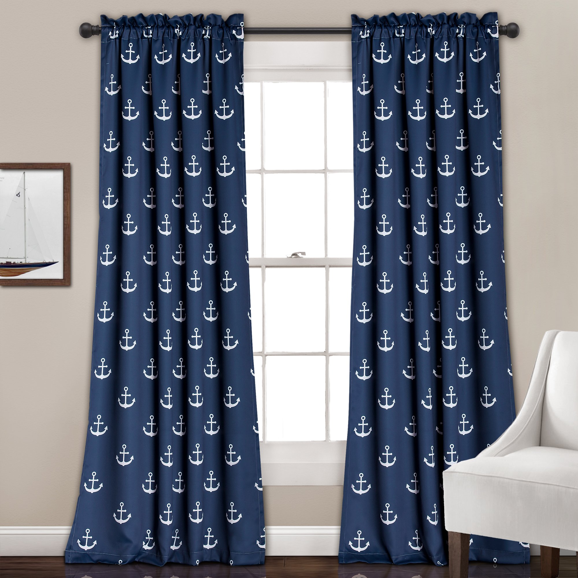 Lush Decor Darkening Window Curtain Set, Navy Anchor Print, 52" W x 84" L