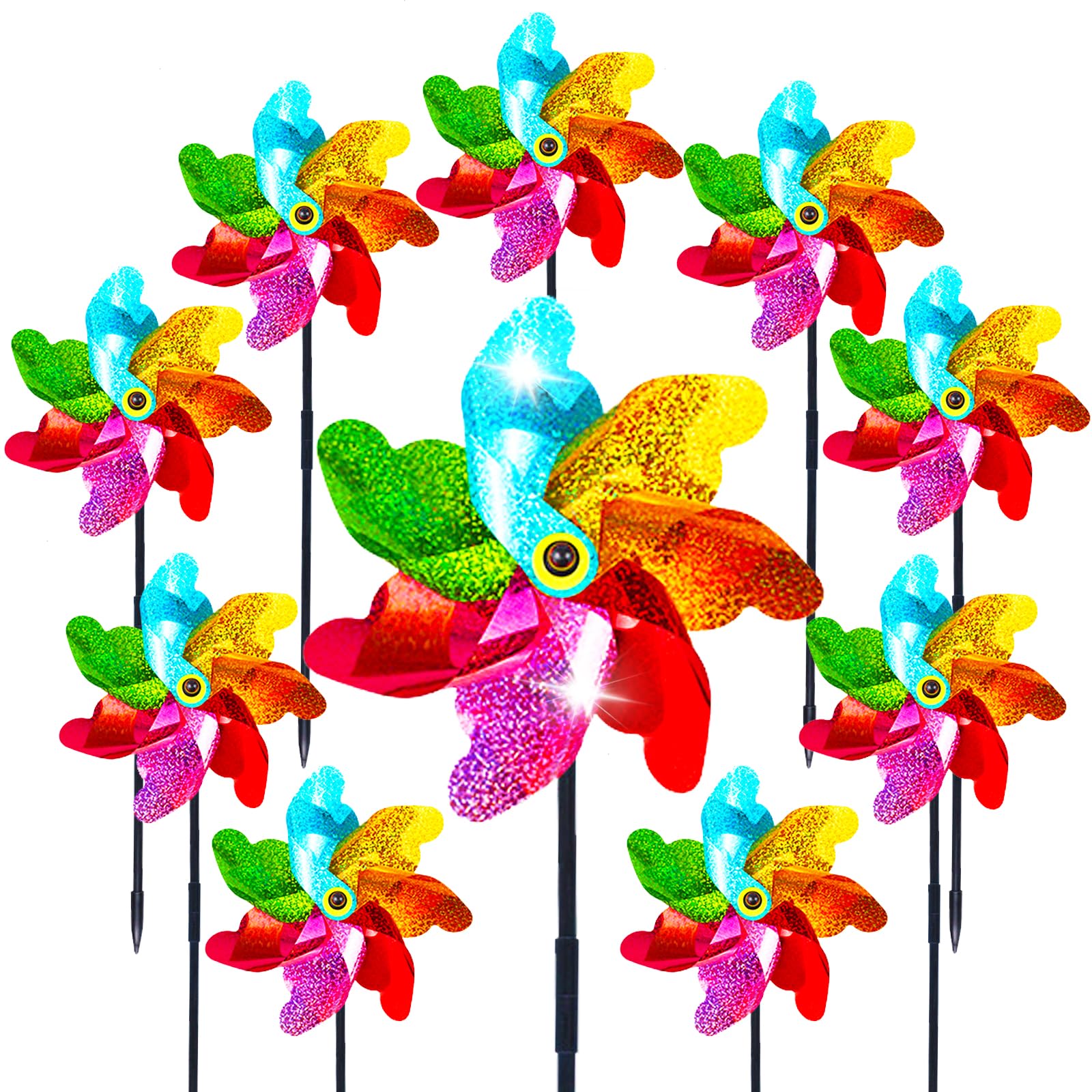 Photo 1 of 10 Packs Pinwheels for Yard and Garden Rainbow Pinwheel Colorful Wind Spinners Lawn Windmill Scare Birds Animal Away Spinners for Yard Garden Party Picnic Decor