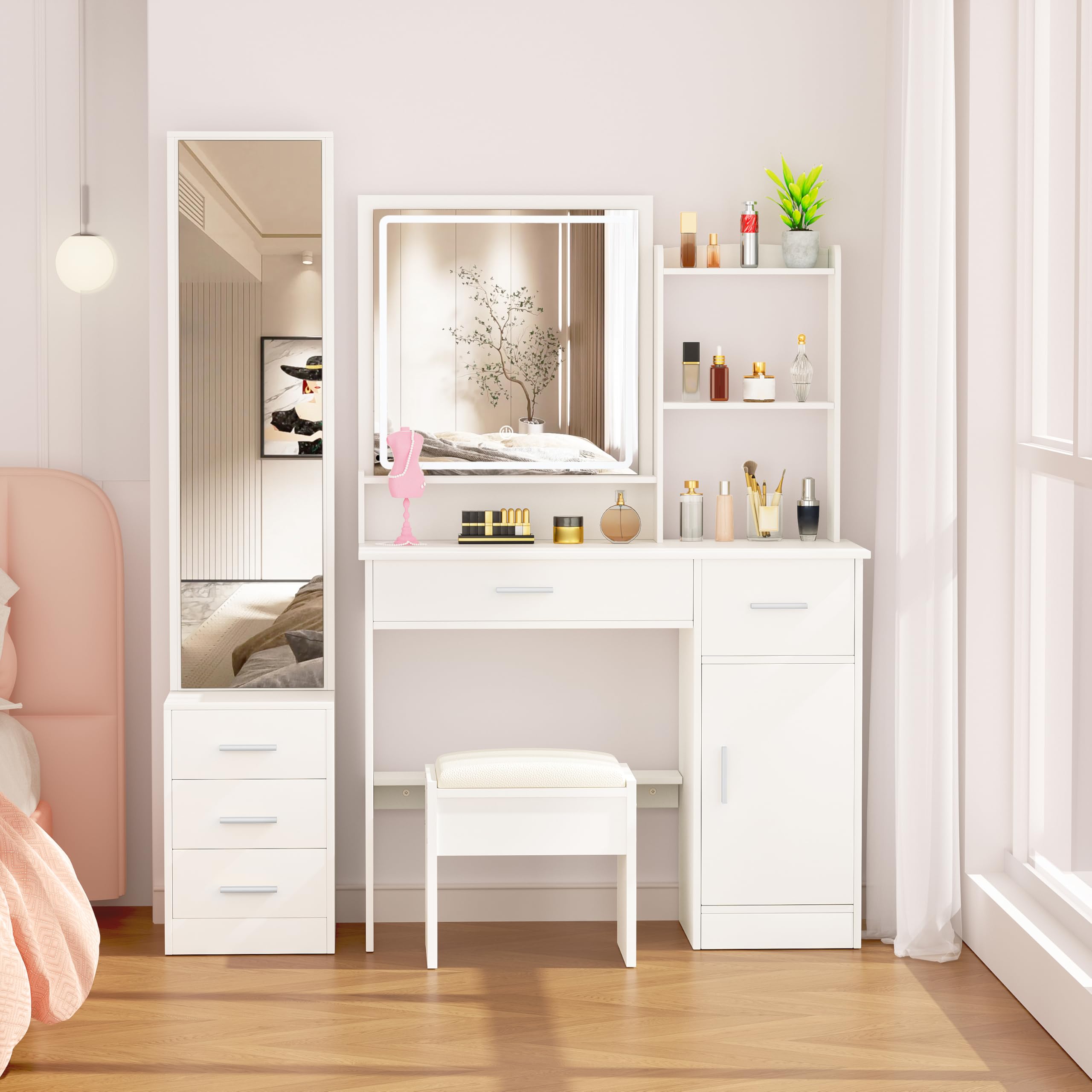 Photo 1 of INTERGREAT Makeup Vanity Desk with Lights and Full-Length Mirror, White Vanity Table Set with 3 Lighting Modes, Dressing Table with Drawers, Large Vanity Desk for Women and Girls' Bedroom