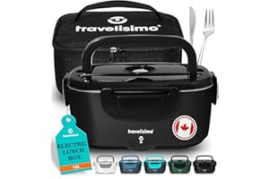 TRAVELISIMO Electric Lunch Box Food Heater, 80W 1.5L Portable Microwave 12V/24V/110V Heated Lunch Box for Men & Women, Stainl