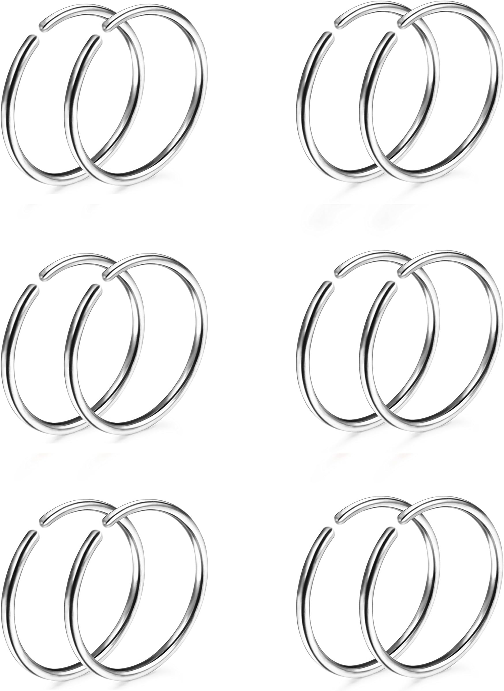 Thunaraz 6 Pairs Non Pierced Stainless Steel Fake Nose Ring Septum Lip Helix Cartilage Tragus Ear Clip Hoop Rings 20G