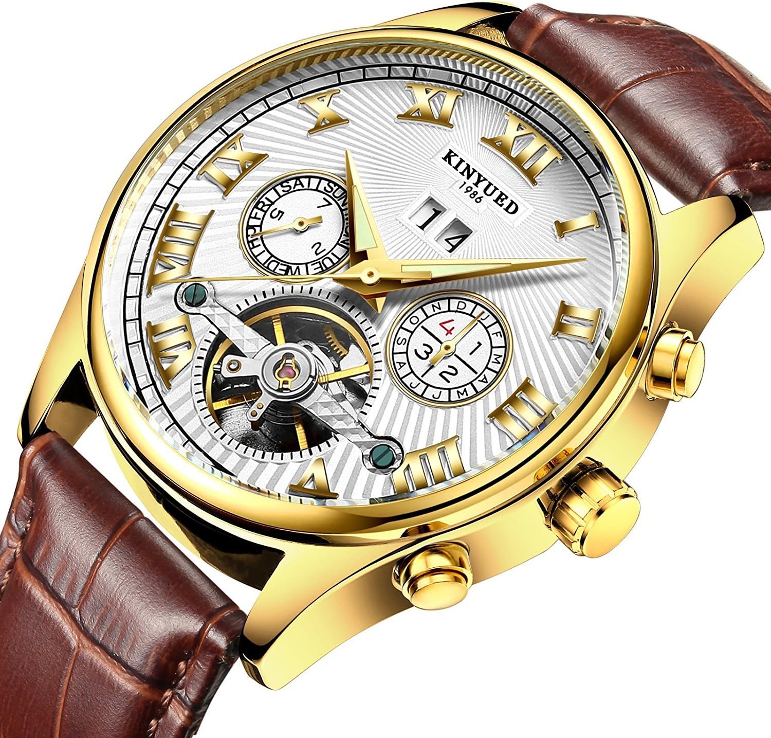 Swiss Men's Genuine Leather Tourbillon Automatic Mechanical Watch KINYUED Calendar Week Multifunctional Watch