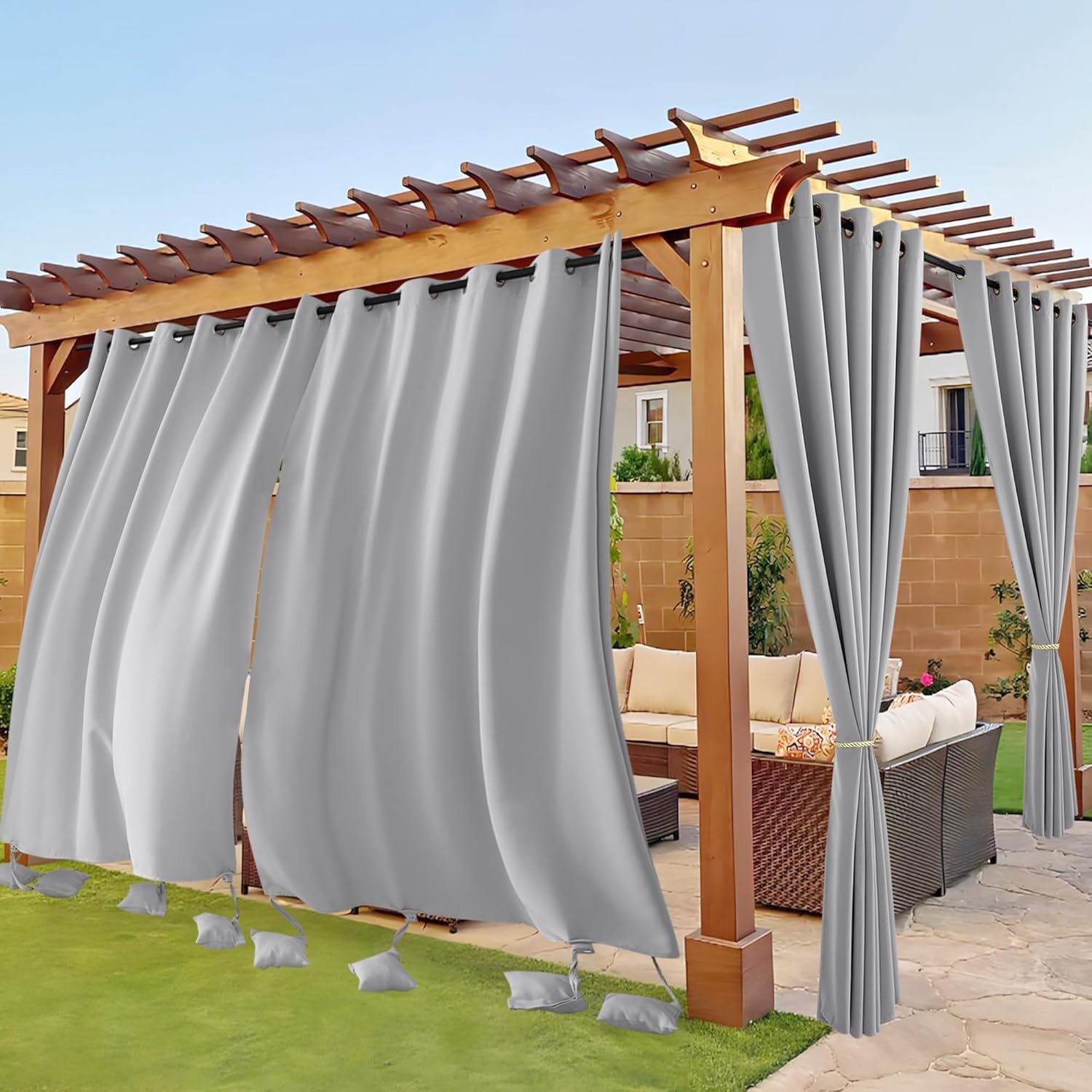 Outdoor Curtains - RYB HOME Extra Wide Outdoor Curtains Windproof, Blackout Waterproof Neighbor Privacy Outside Curtains for Patio Pergola Pool Hut Screen Porch Outside Deck, W 84 x L 90 inch, Light Grey, 2 Panels