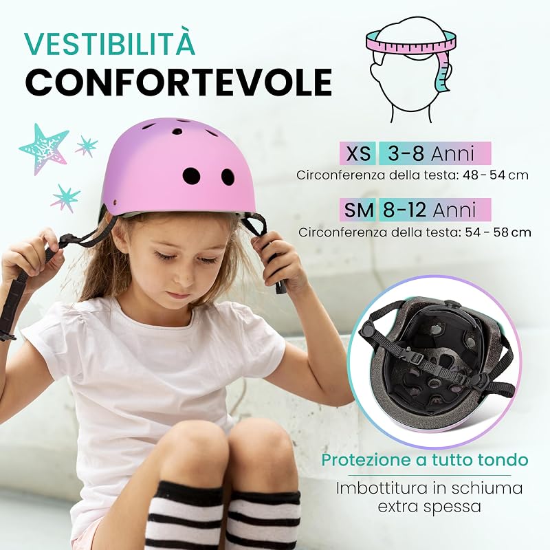 Casco Bici Bambina - Casco Bambino - Caschetto Bambino per Bambini - Monopattino Skateboard Pattini a Rotelle - Taglia S/M TRICOLORE
