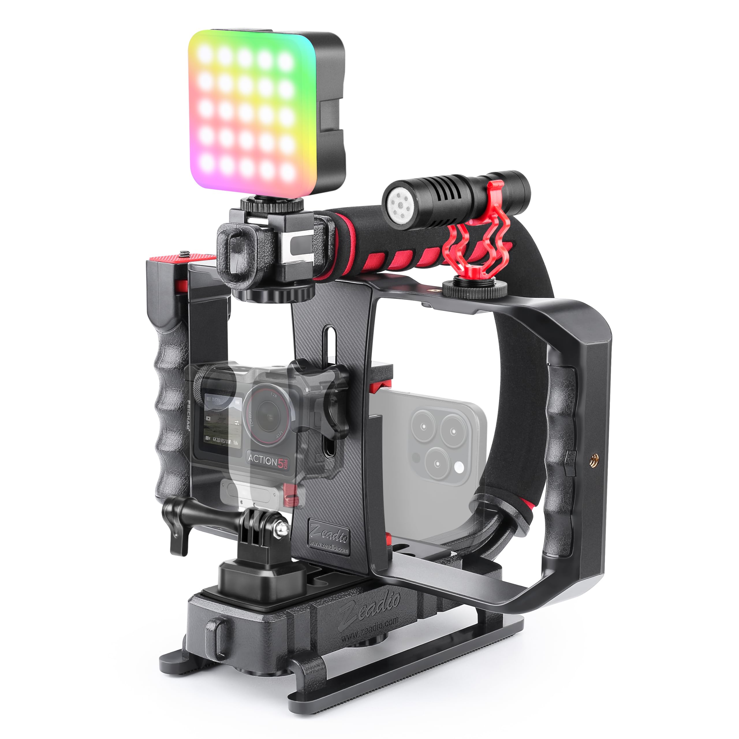 Zeadio All-in-One Smartphone Camera Stabilizer Kit, Portable Handheld Video Rig with RGB Video Light and Microphone, Fits for All Camcorder, Camera, DSLR and All iPhone and Android Smartphones
