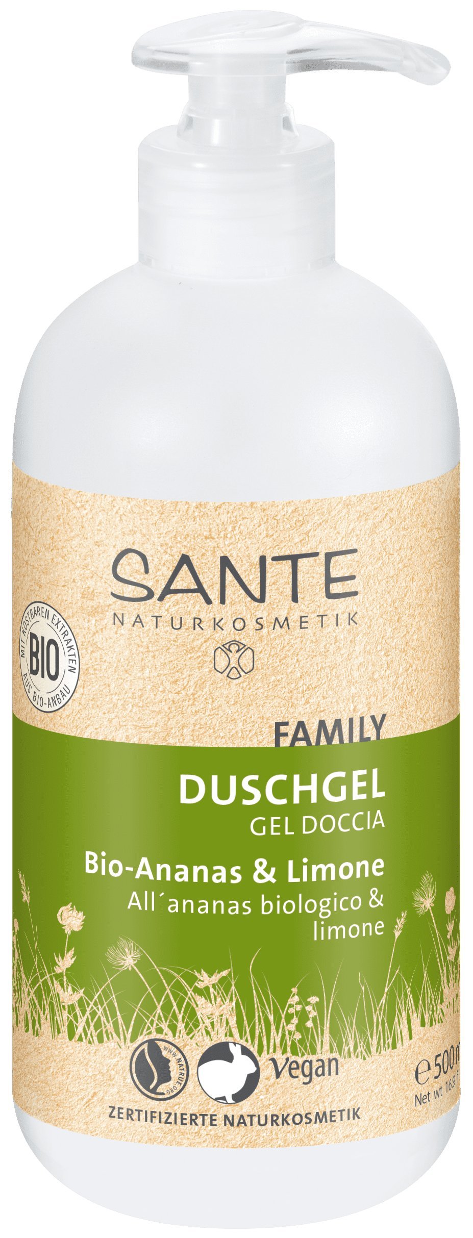 SANTE Naturkosmetik Organic Pineapple & Lime Shower Gel with Pump Dispenser, Fruity Fresh Fragrance, Vegan, 500 ml