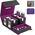 Card Deck Box for MTG with Commander Display, 5 in 1 Card Storage Box Fits 400+ Double-sleeved Cards, Removable Deck Case for TCG/Sports Cards with Dice Tray, 4 Magnetic Card Holders (Black Purple)