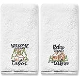 FUTBU Cabin Hand Towels for Bathroom, Cabin Decor Embroidered Dish Towels, Log Cabin Decor Gifts Decorative New Home Bear Deer Tea Hand Towels, 100% Cotton Soft Towels for Kitchen 14x30 Inches