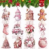 24 Pieces Vintage Pink Christmas Wooden Ornaments Hanging Christmas Tree Ornaments Pink Snowman Santa Xtmas Tree Wood Cutouts Tags with Ropes for Xtmas Tree Decor