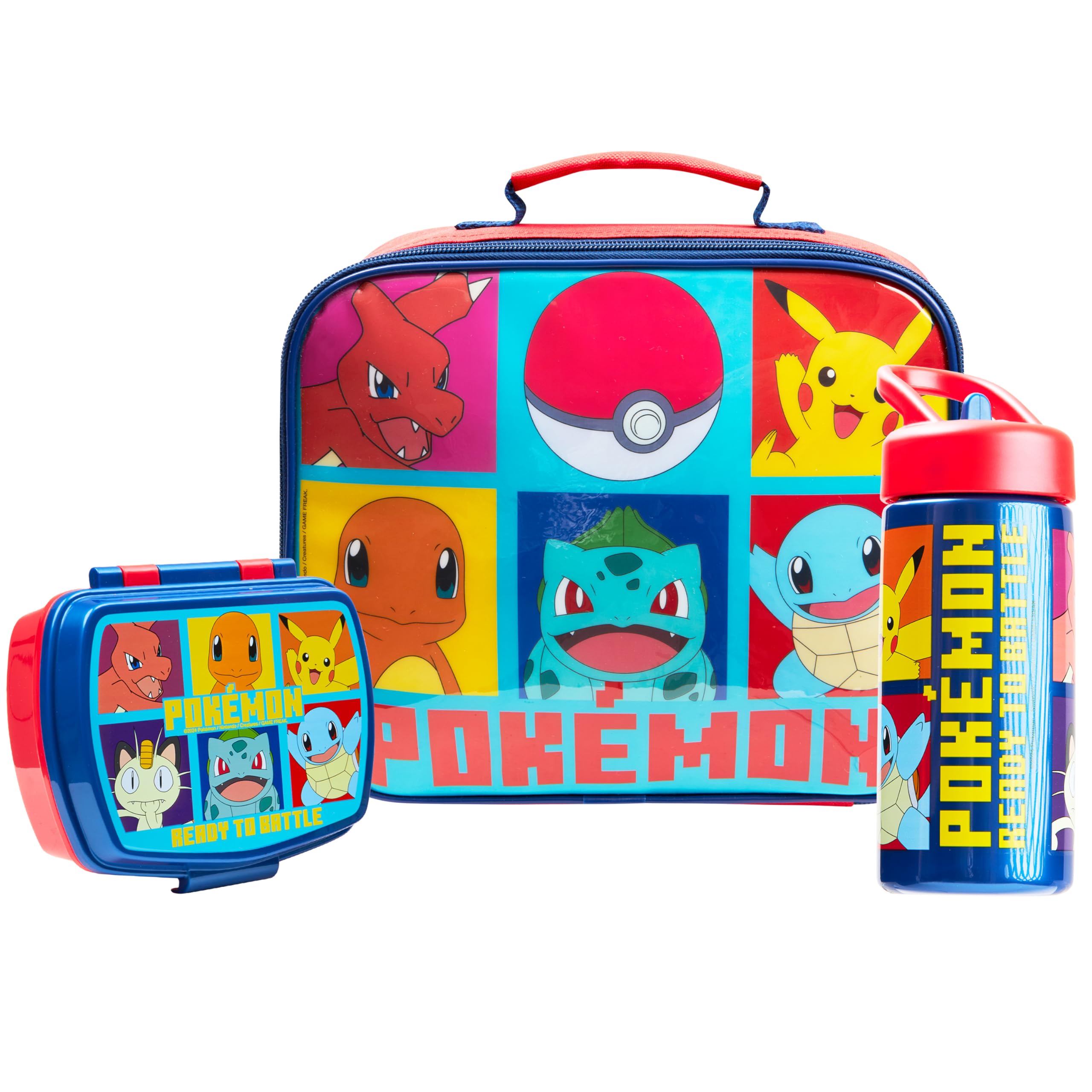 Pokemon Kids Lunch Bag Insulated for Kids 3 Piece Set with Snack Lunch Box and Water Bottle Pikachu Travel Holiday School Supplies Anime Gifts (Red/Blue)